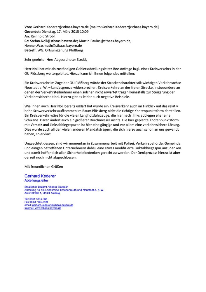 Antwort E-Mail Staatliches Straßenbauamt an MdL Reinhold Strobl